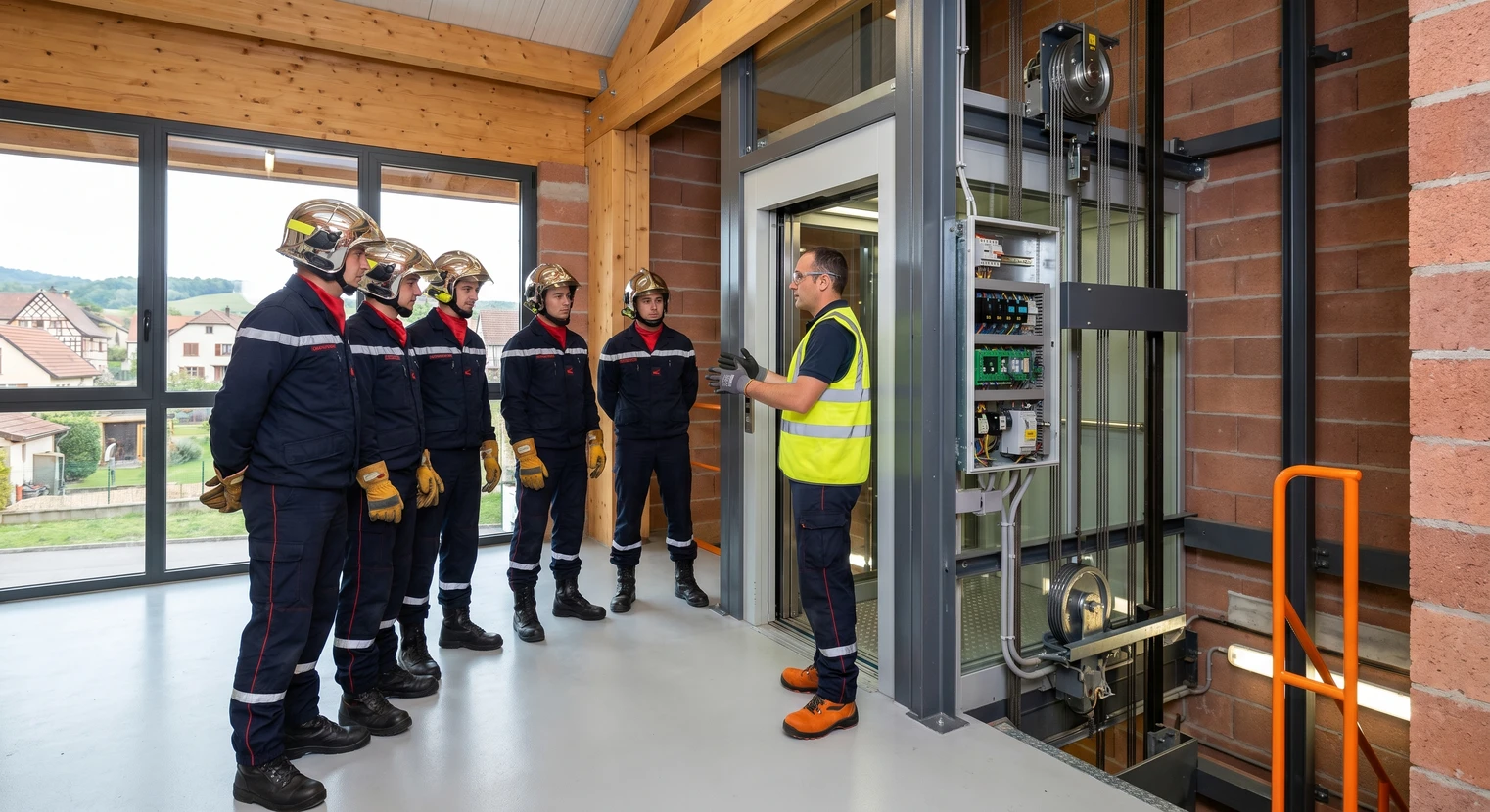 Groupe de Sapeurs-Pompiers en uniforme écoutant attentivement un technicien ascensoriste en tenue professionnelle qui leur montre et explique les composants internes d'un ascenseur en coupe ou dans une cage d'ascenseur réelle, dans le contexte d'un atelier pratique de formation.