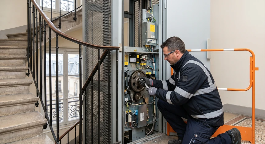 Technicien ascensoriste en uniforme professionnel travaillant sur les composants mécaniques internes d'un ascenseur dans une cage d'escalier, effectuant une intervention de maintenance ou de réparation. La photo doit montrer le professionnel concentré sur son travail, mettant en avant l'expertise technique et l'engagement envers la réparation d'équipements en bon état de fonctionnement.