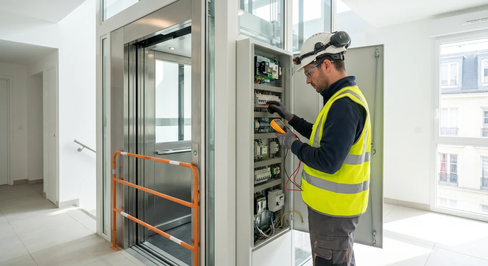 Photographie réaliste d'un technicien ascensoriste en tenue professionnelle effectuant une intervention de maintenance sur un ascenseur en cabine ou à proximité des portes, examisant les composants techniques avec assurance. L'image doit transmettre professionnalisme, expertise et confiance, illustrant l'autonomie et la compétence de l'entreprise indépendante.