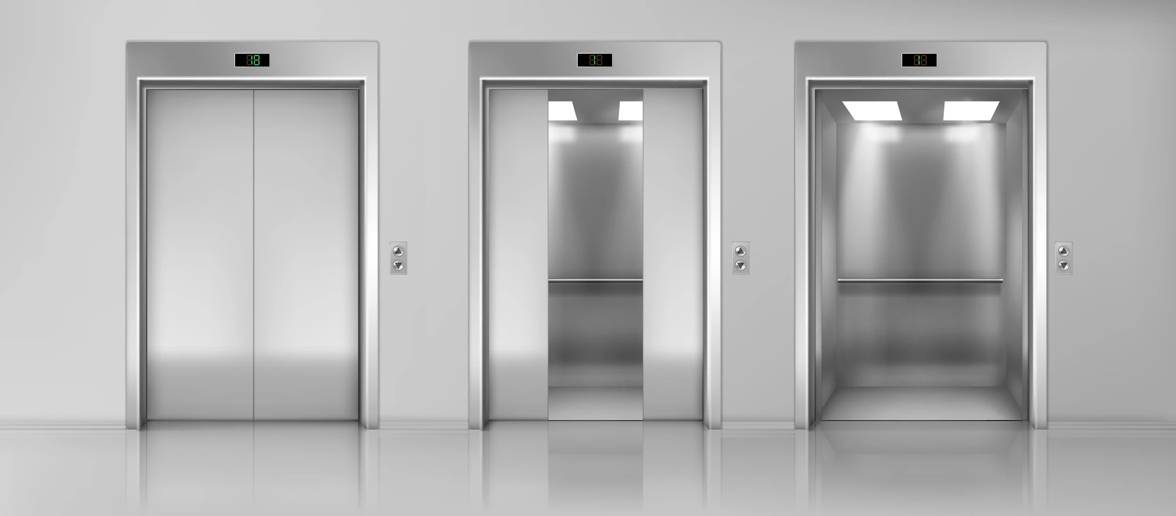 Deux ascenseurs modernes dans un hall d'immeuble contemporain, l'un ouvert révélant l'habitacle éclairé avec main courante et parois inox, l'autre fermé avec portes coulissantes métalliques